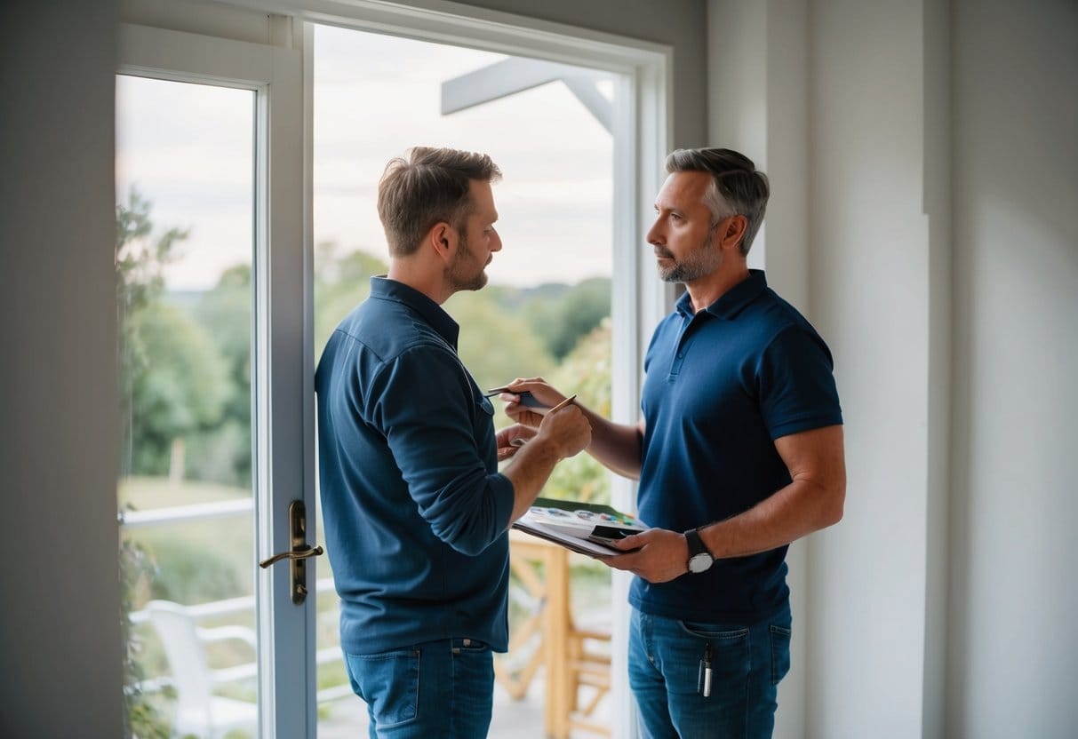 A husejer i Ebeltoft interviewer en dygtig maler til et projekt og diskuterer erfaring og ser en portfolio